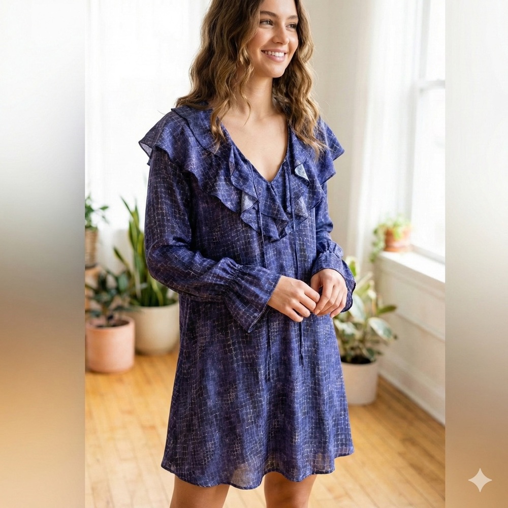 Zara Purple Snake Print Mini Dress – NWOT Romantic Ruffle V-Neck (Size S)